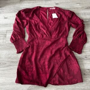 Skylar rose Burgundy Dress with faux wrap skirt detail long sleeves